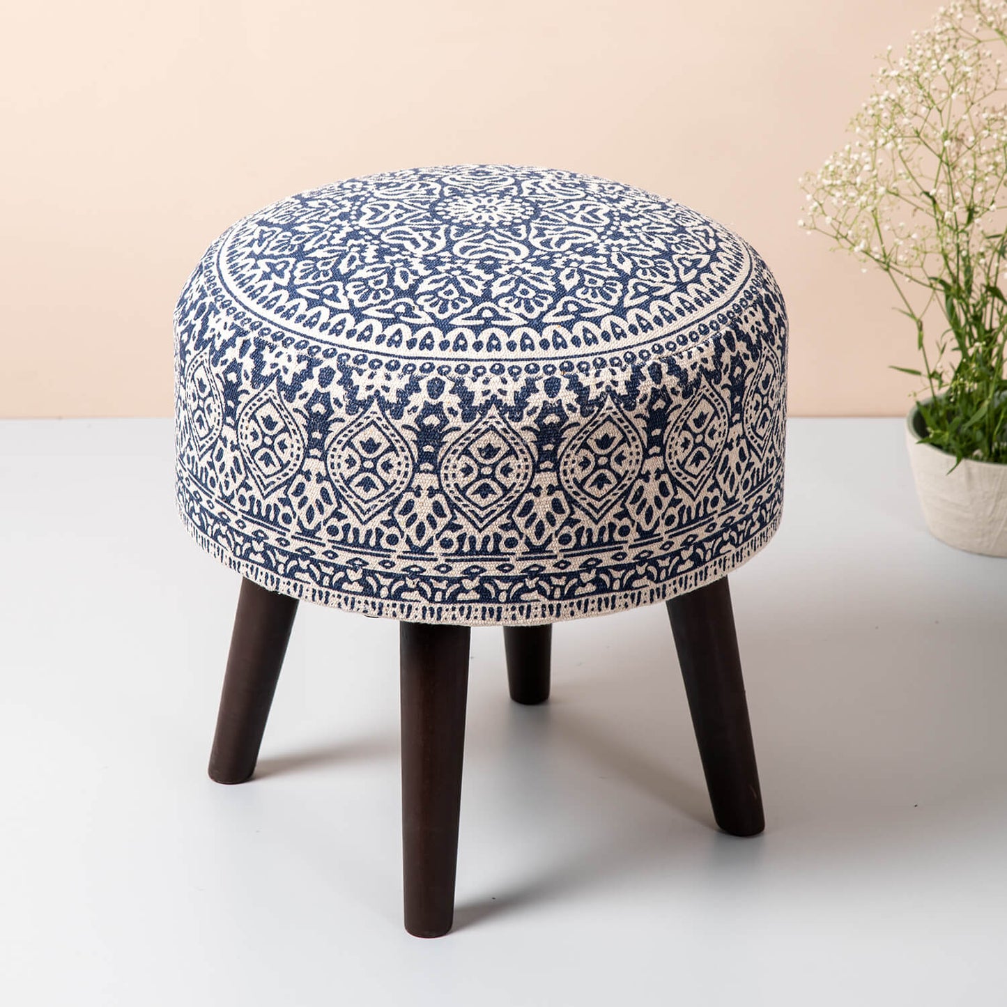 Wooden Ottomans: Blue Printed Ottoman 17 Inch