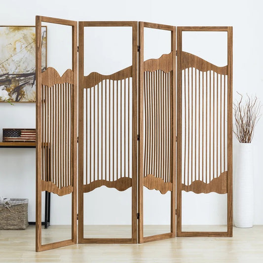 Wooden Partition: 71'' W x 67'' H 4 - Panel Solid Wood Folding Wooden Partition
