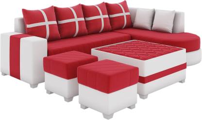 L Shape Sofa Set:-  Half Leatherette Sofa Set (White & Red)